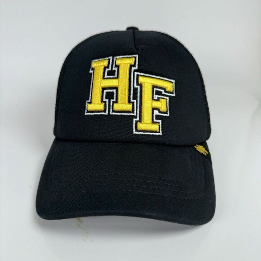 Homme Femme HF Varsity Font Trucker Hat SnapBack‎ Black Yellow Letterman OSFA